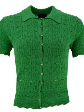 Milk & Honey Green Open Knit Button Front Collared Top Medium New With Tag